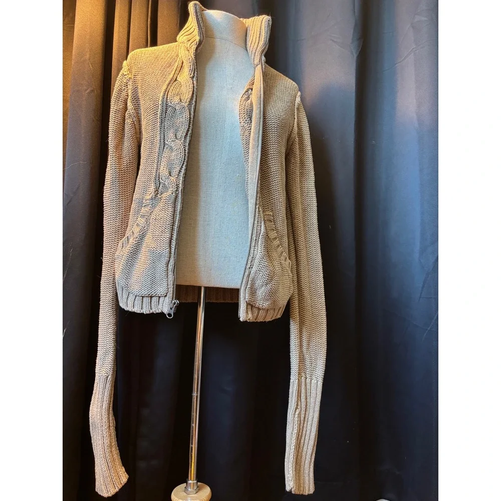 Old Navy Tan‎ Beige Cable Knit Full Zip Mock Neck Chunky Sweater  Womens M